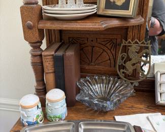 Lighthouse Themed Salt & Pepper Shakers, Mid Century Stainless Steel Divided Tray with Teak Handles, Brass Scottish Lion Trivet