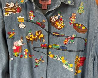 Cambridge Country Store Denim Button Up Long Sleeve with Santa Work Shop Embroidery – Size Large
