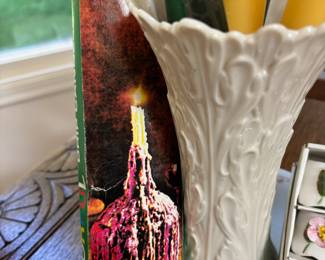 Colorful Drip Taper Candles, 1980s Lenox Woodland Collection Ivory Porcelain Vase 