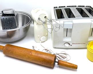 Cuisinart Hand Mixer, Toastmaster Cool Touch Toaster, Vintage Rolling Pin & Other Cooking Supplies
Lot #: 161