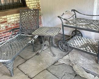 Iron Outdoor Furniture Set: Lounge Chair, Rolling Bar Cart & Side Table, Matches Previous & Following Lot
Lot #: 55