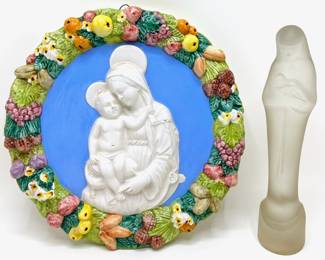 Frosted Glass Mother & Child Figurine & Italian Hand Painted Mary & Jesus Majolica Wall Hanging
Lot #: 172