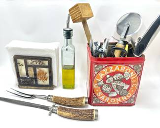 Kitchen Tools: Vintage Solingen Rostfrei German Carving Set, Glass Napkin Holder, Lazzaroni Tin & More
Lot #: 162
