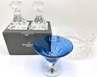New In Box Waterford Cut Crystal Candlesticks, Bowl & Blue Goblet, Ireland
Lot #: 159