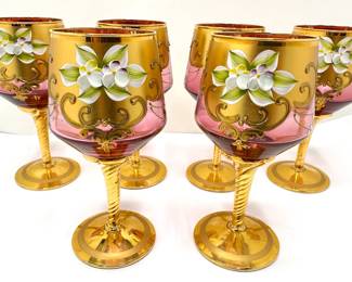 6 Italian Hand Painted Ruby & Gold Glass Goblets, Signed S. Rossi (Height 6.5)
Lot #: 34