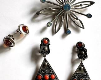 Sterling Silver & Mexican Silver Pin & 2 Pairs Of Earrings With Natural Stones
Lot #: 66