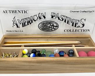 New American Pastimes Collection Game Set: Marbles, Jacks & Pick-Up Sticks
Lot #: 188