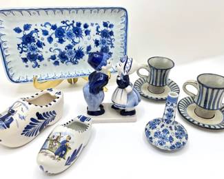 Vintage Delft Small Tray, Clogs, Figurine & Bud Vase, Holland & Danish Tea Cups & Saucers
Lot #: 116