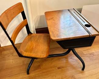 Vintage Children's School Desk, Solid Wood & Iron, Both Chair & Desk Swivel
Lot #: 1