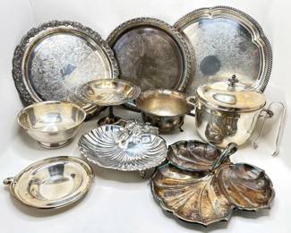 Vintage Silver Plate Trays, Bowls & Ice Bucket With Tongs (11 Pieces)
Lot #: 94