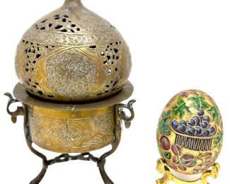 Vintage Middle Eastern Brass Incense Burner & Vintage Cloisonne Egg
Lot #: 84