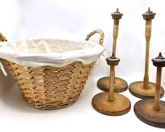 Wicker Basket With Cloth Liner & Vintage Solid Wood Paper Towel & Toilet Paper Holders
Lot #: 179