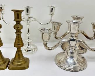 Set Vintage Silver Plate On Copper Candleabras, Set Brass Candlesticks & Silver Plate Candelabra
Lot #: 95
