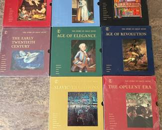 The Story of Great Music Box Set Collection. Includes 8 volumes: The Baroque Era, The Age of Elegance, The Early Twentieth Century, Age of Revolution, The Music of Today, Age of the Hero, Slavic Traditions, and The Opulent Era. Perfect for music enthusiasts and collectors.