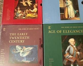 The Story of Great Music Box Set Collection. Includes 8 volumes: The Baroque Era, The Age of Elegance, The Early Twentieth Century, Age of Revolution, The Music of Today, Age of the Hero, Slavic Traditions, and The Opulent Era. Perfect for music enthusiasts and collectors.