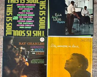 This lot includes classic soul vinyl records featuring iconic artists such as Aretha Franklin, Wilson Pickett, Ray Charles, Ella Fitzgerald, and others. Various years and labels. Please refer to images for detail