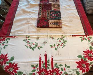 Holiday Table Linen Set - Christmas Tablecloth with Poinsettia Design.