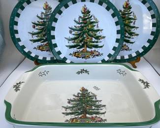 Vintage Spode Christmas Set - 3 Metal serving trays and Baking Dish.