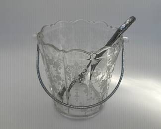 Vintage Etched Glass Ice Bucket with Tongs