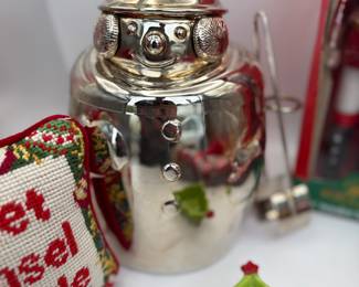 Includes a 1990s Towle Silver Plated Snowman Cookie Jar, 15" Wooden Nutcracker by Kurt S. Adler, Christmas Themed Dish, Red Bear Towel Set, and Decorative Christmas Roll. Perfect for holiday decor and gifting.