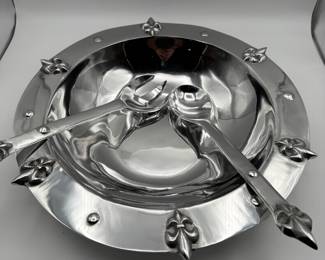 Large Pewter Serving Bowl with Serving Utensils.