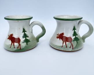Set of Mugs - Hand Painted Moose Mugs Vintage Moose Design Stoneware Mugs