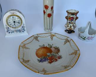 Vintage Decorative Lot - Porcelain Clock, Floral Vases, and Embellished Dish.