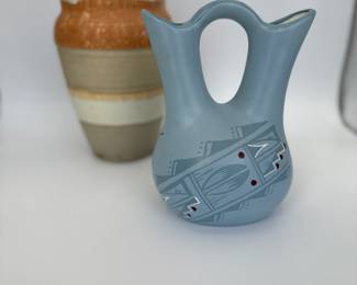 Vintage Native American Pottery Pitcher - Blue Design