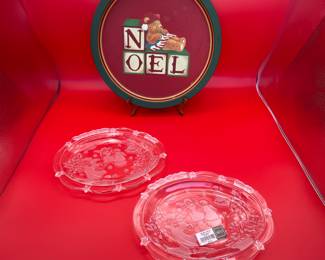 Vintage Crystal Plates and Noel Holiday Frame Lot.
