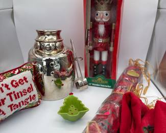 Includes a 1990s Towle Silver Plated Snowman Cookie Jar, 15" Wooden Nutcracker by Kurt S. Adler, Christmas Themed Dish, Red Bear Towel Set, and Decorative Christmas Roll. Perfect for holiday decor and gifting.