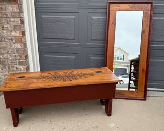 Vintage Hand Painted Pine Storage Bench with Mirror