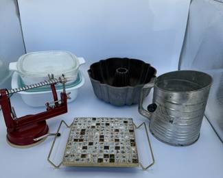 Vintage Kitchenware Lot - Vintage Flour Sifter Glass Bakeware, Bundt Pan, Metal Sifter, Retro Apple Peeler.