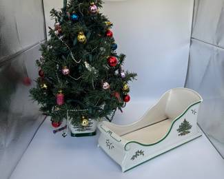Spode Holiday Decor - Mini Christmas Tree & Decorative Sleigh.