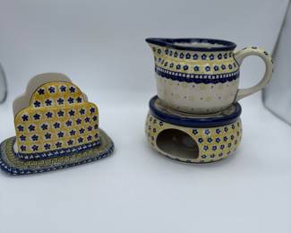 Polish Pottery Creamer and Warmer Set with Matching Napkin Holder