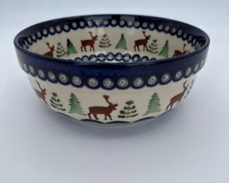 Polish Pottery Bowl with Reindeer and Pine Tree Design