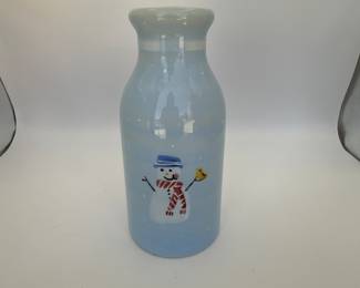 Vintage Blue Milk Bottle with Snowman Design
