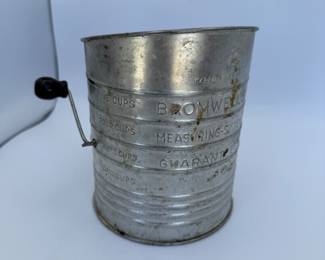 Vintage Kitchenware Lot - Vintage Flour Sifter Glass Bakeware, Bundt Pan, Metal Sifter, Retro Apple Peeler.