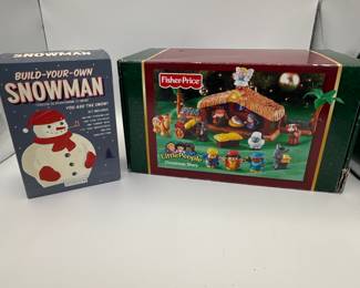 Fisher-Price Little People Christmas Story Set (Year: 1990s) and Build-Your-Own Snowman Kit (Year: 2000s). Includes original packaging and all components.