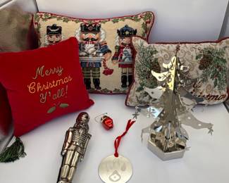 Christmas Decor Lot - Nutcracker Pillows, Silver Tree, and More