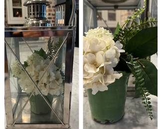 Pottery, barn, glass and stainless steel, lantern and fantastic hydrangea and ceramic pot