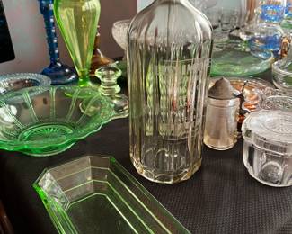 Uranium Vaseline Green glassware, Lissomore Table Water Glass parlor bottle