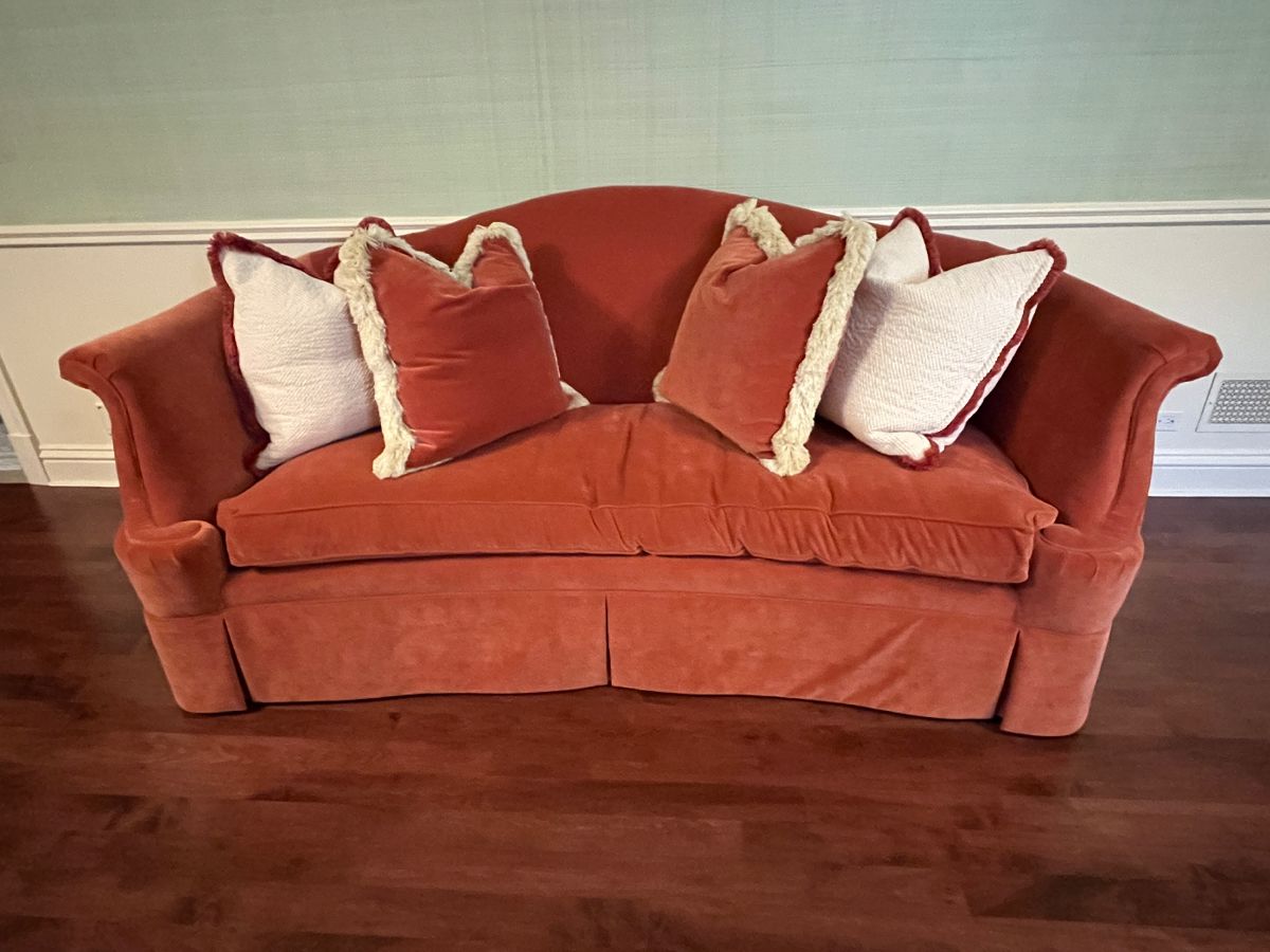 Salmon colored velvet Century Furniture sofa 84"W x 48"D x 40"H $500