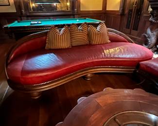 (2) piece custom red leather sofas with attached side table. Sofa 92"W and sofa with side table 128"W