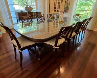Henredon dining table 84" x 52" with glass top (shown with 2 - 22" leaves) chairs sold separately