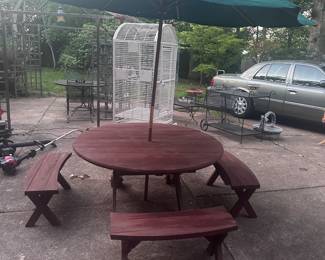 Host a picnic and stay out of the sun! Heavy real wood table & 4 curved benches