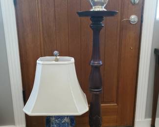 Japanese themed lamp, Silver plated pitcher, & display stand
