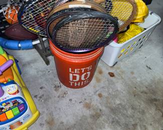 Look it's a Homer Depot bucket full of rackets! At least that is what Christina calls it