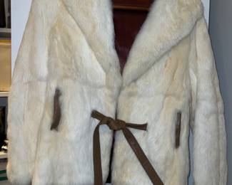 Vintage white fur with leather trimmed pockets and belt