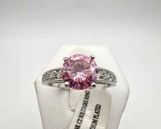 Pink Cubic Zirconia Rhodium Plated Ring Size 9 With Tag