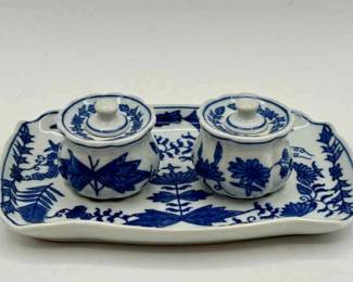 Blue & White Condiment Jars With Tray